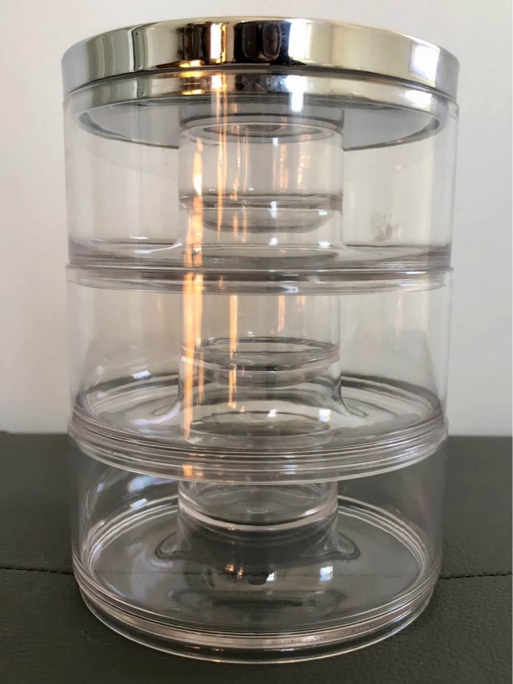 euc UMBRA Clear 3-Tier Acrylic Stackable Organizer w Silver tone heavy metal Lid